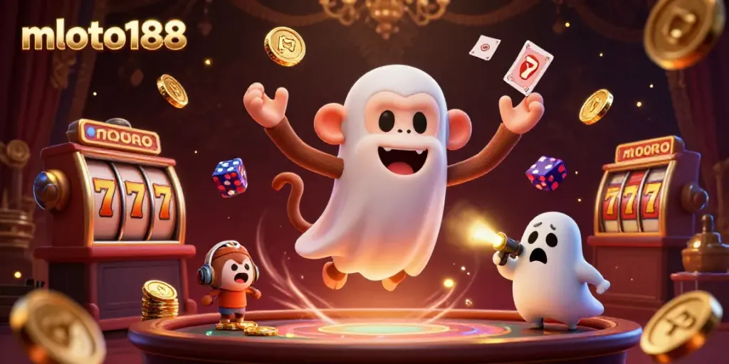 Exciting mloto188 casino scene featuring a playful monkey and a curious puppy tracking golden treasures.