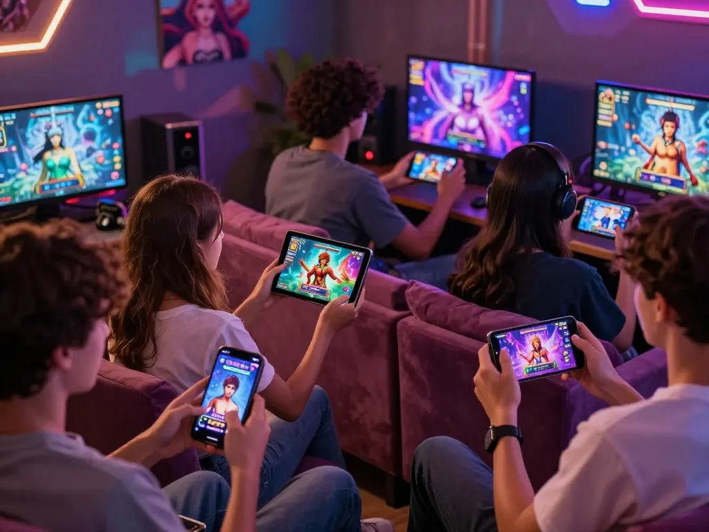 Players enjoying free mobile porn games in a vibrant gaming lounge with diverse devices.