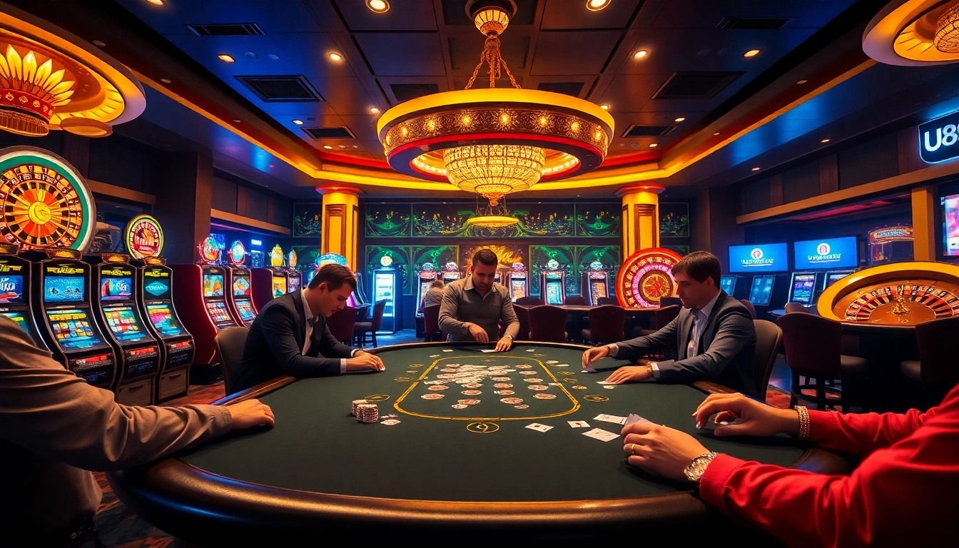 Experience the thrill of U8888 with a vibrant casino scene showcasing high-stakes poker and slot machines.