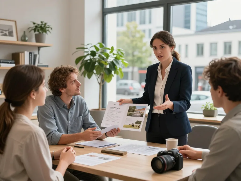 Immobilienmakler präsentiert einer Familie in Frankfurt Eckenheim Immobilien und demonstriert Professionalität und Engagement in einem einladenden Büro.