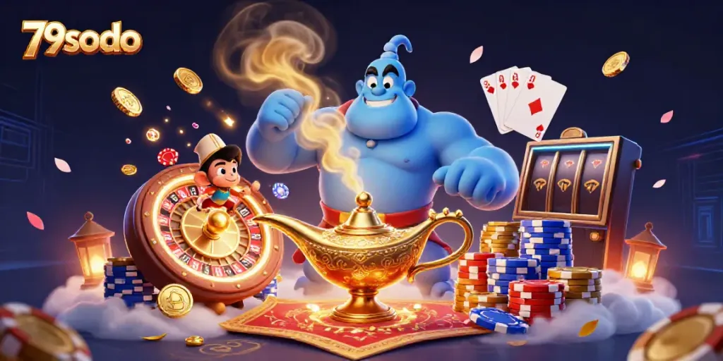 Experience excitement with 79sodo as a genie bursts from a lamp surrounded by casino treasures.