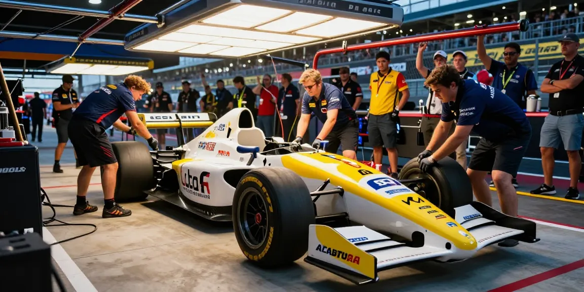 The Lola LC88 racing car in a dynamic pit stop scene during a Formula One race, showcasing team mechanics at work.