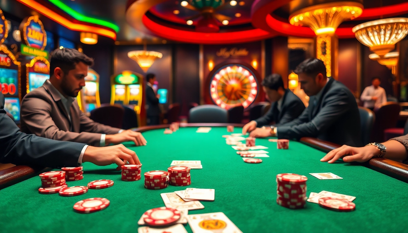 A thrilling poker game at https://lucky88s.fit/ with vibrant chips, cards, and focused players.