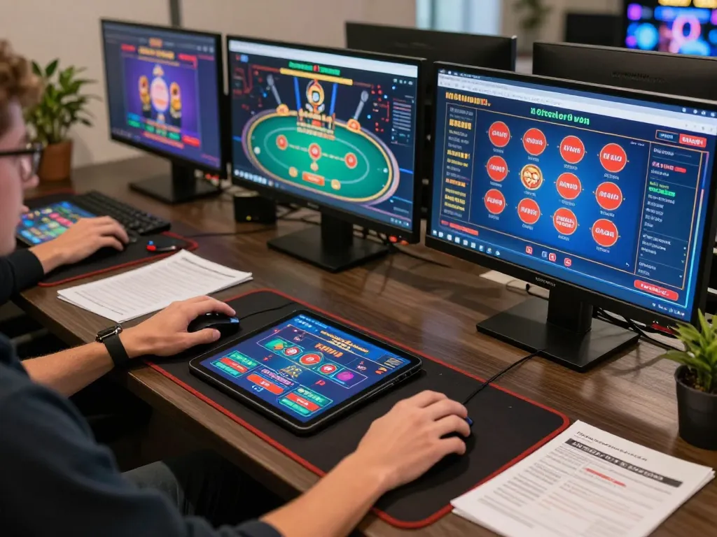 Engaging in strategic online gambling with da88 gaming setup on multiple screens.