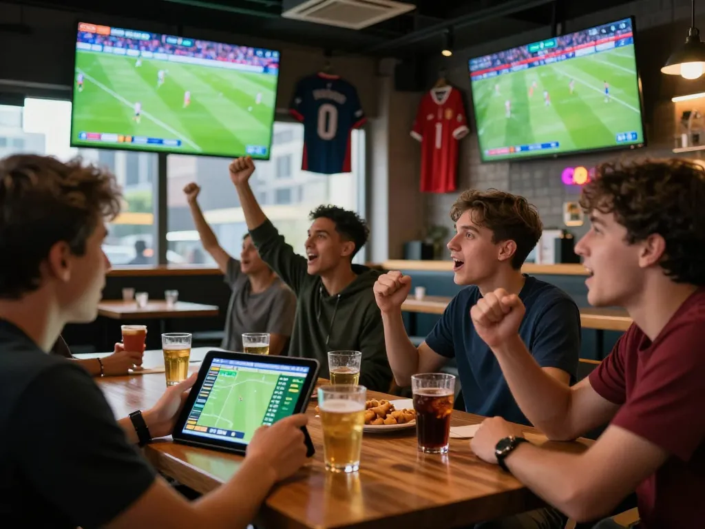 Excitement at thscrore.com sports bar with friends analyzing game statistics.