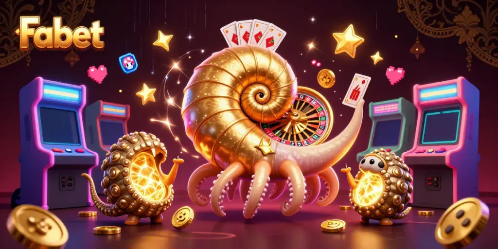Fabet brings excitement as a giant nautilus holds cards amidst vibrant casino-themed arcade elements.