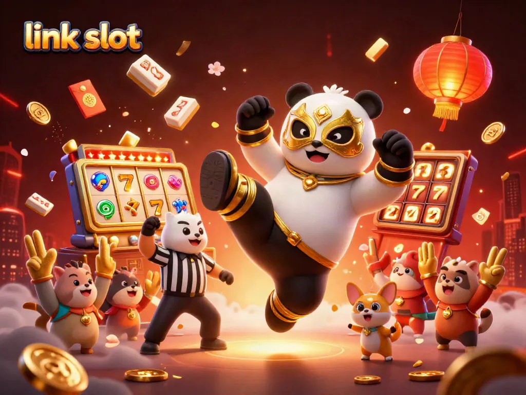 Engage with link slot excitement as a panda wrestler kicks into a vibrant casino scene, showcasing illuminating game elements.