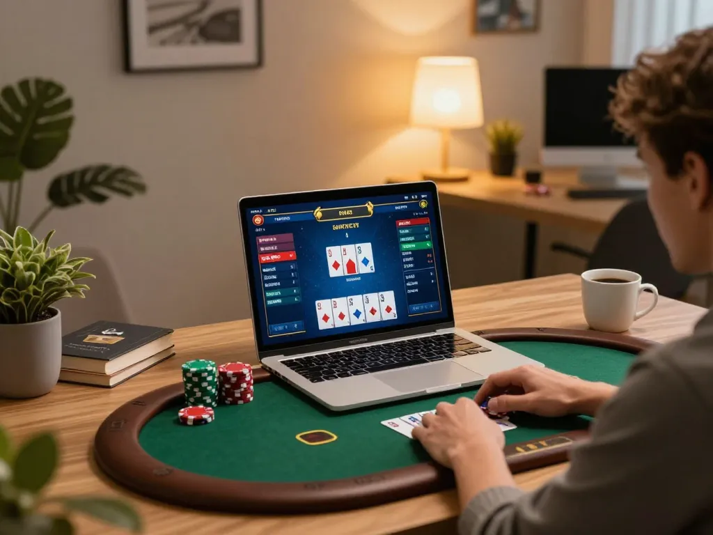 Player wins at sc88 online poker game in a cozy home setting with laptop and chips visible.