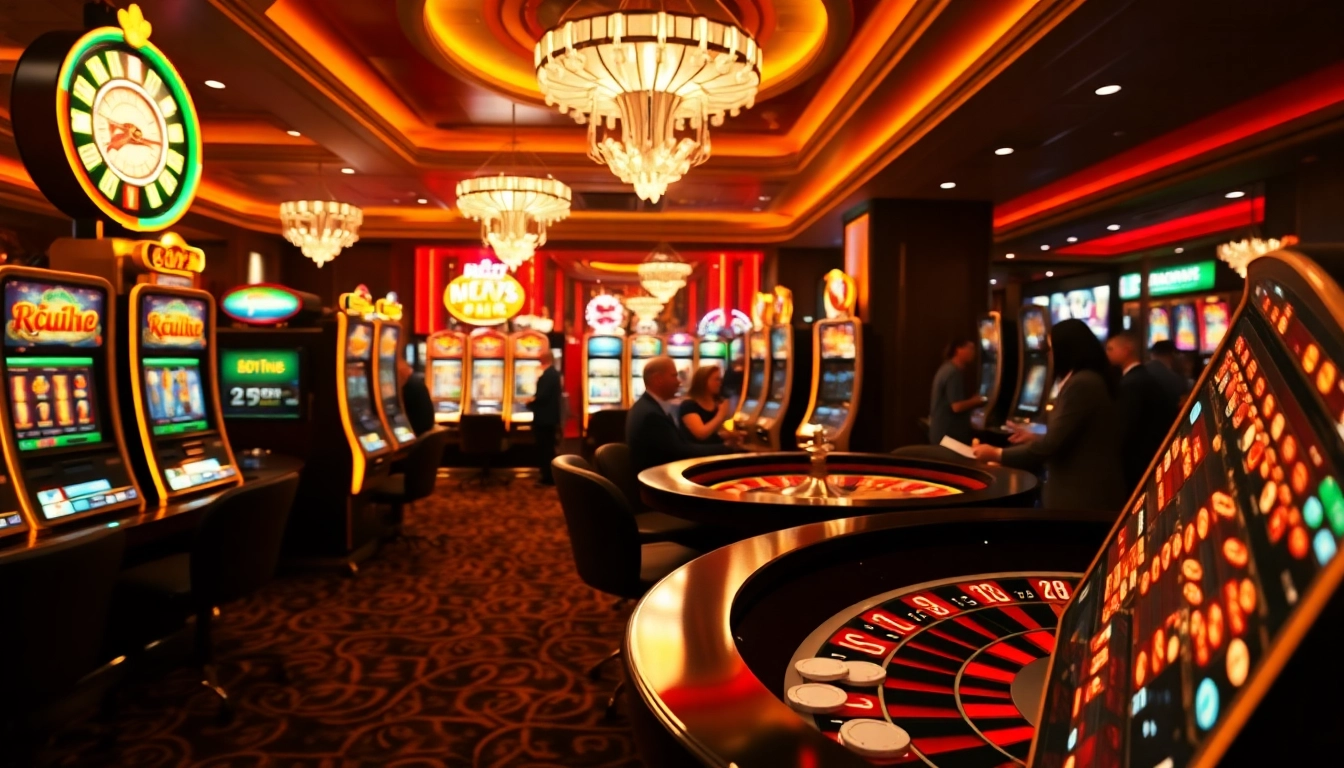 Spiele Golisimo Germany in einem lebhaften Casino mit Spielautomaten und Roulettetischen.