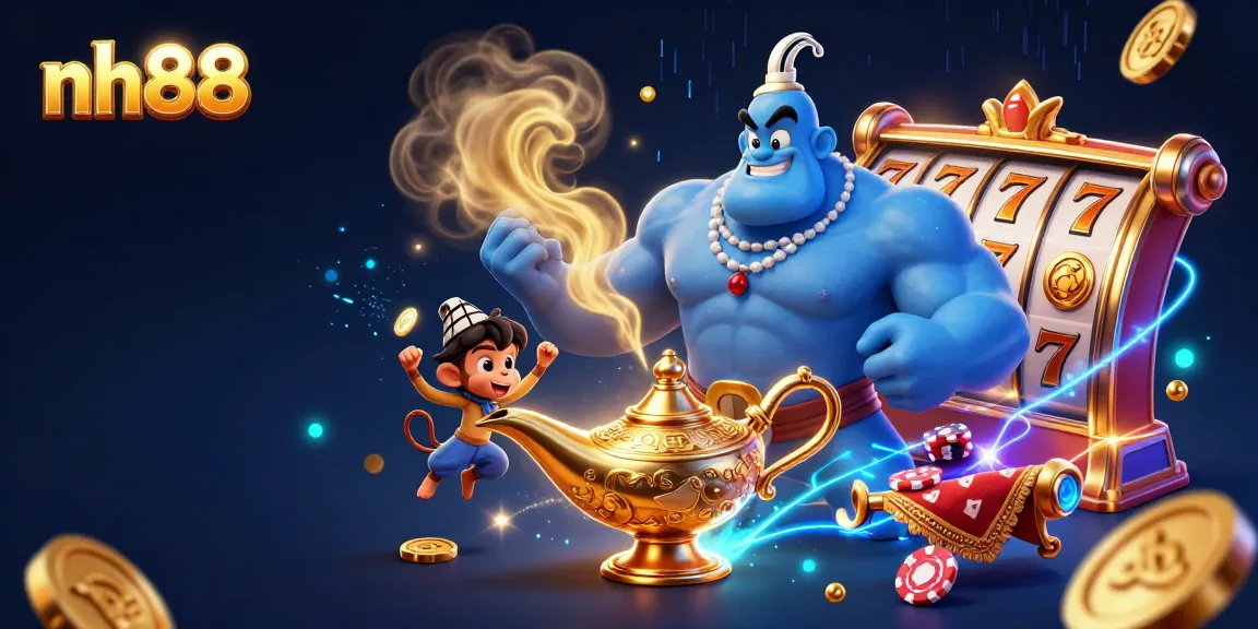 Win big with nh88 in this vibrant casino illustration featuring a 3D genie, monkey, and slot reels.