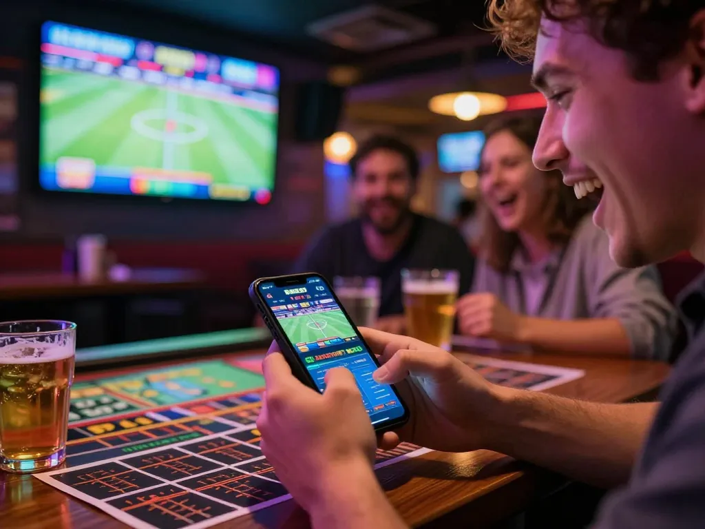 Engaging sports betting scene with enthusiastic players using mobile app on trang cá cược bóng đá.