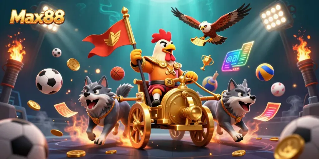 Max88 features a cartoon rooster warlord leading a dynamic gambling scene filled with sports balls, trophies, and gold.