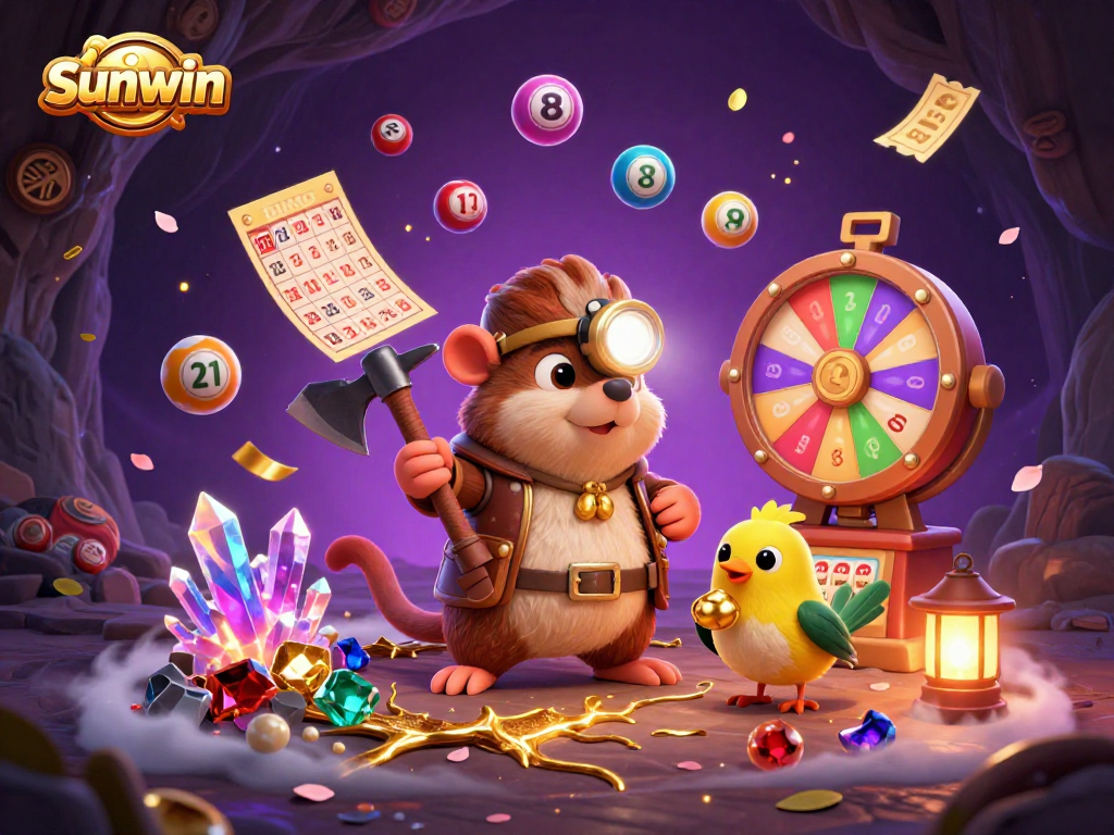 Win big with sunwin's dynamic 3D illustration of a treasure hunter and lottery fun!