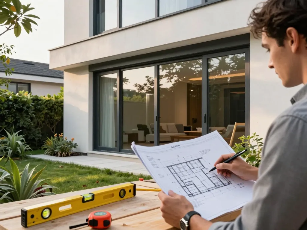 Schüco-Fenster, die in einem modernen Architekturdesign präsentiert werden, mit einem Architekten, der die Pläne im Freien überprüft.
