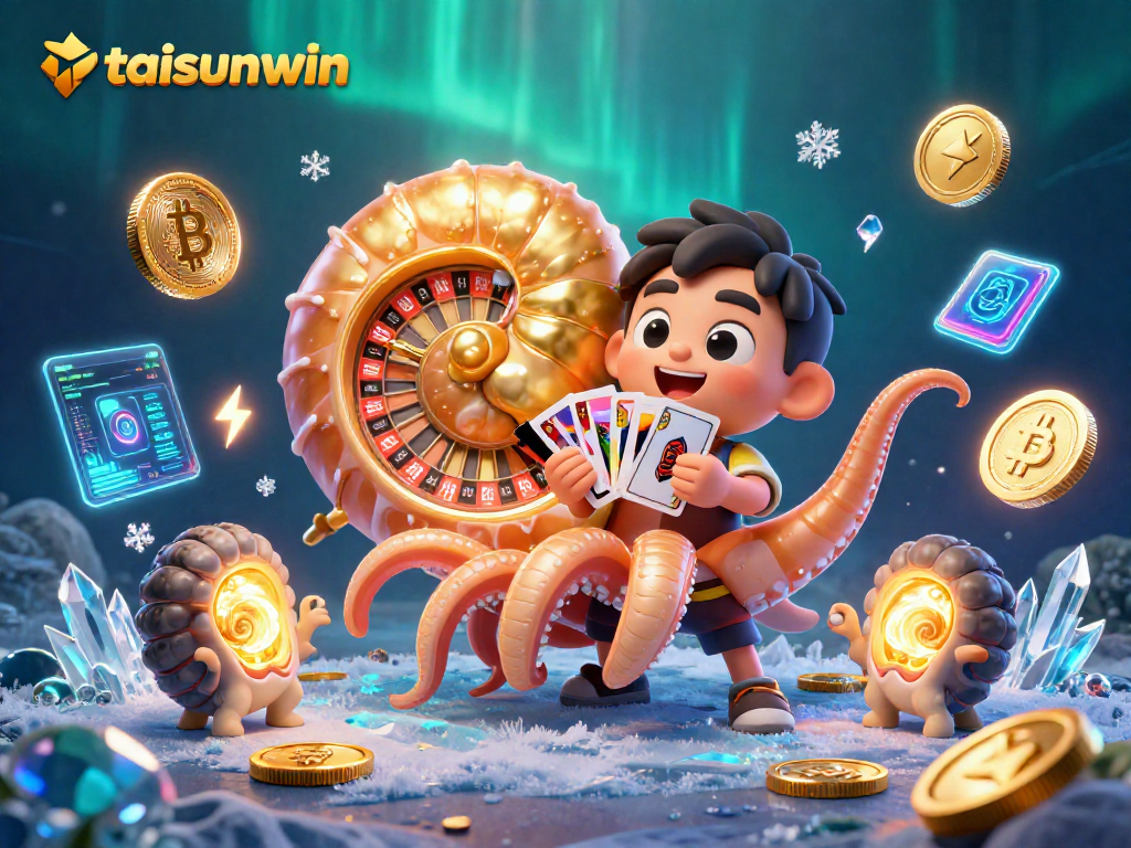 Engage with taisunwin's vibrant 3D casino scene featuring a giant nautilus roulette wheel surrounded by crypto elements.