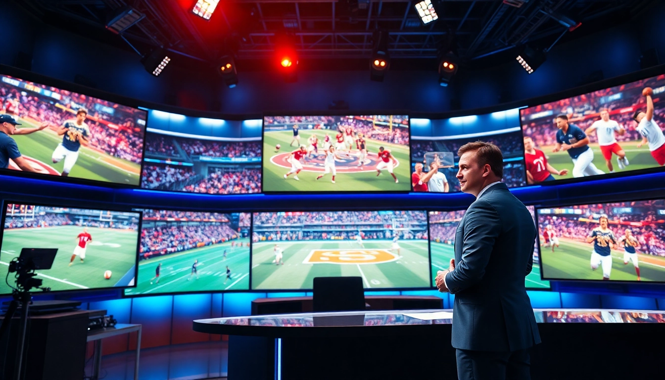 Engaging scene of Sports Broadcasting studio showcasing live sports coverage.