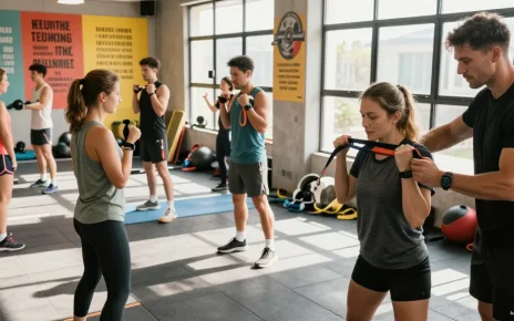 Aktive Trainingsszene im Deus Shop, mit Sportlern, die Fitnessgeräte nutzen.