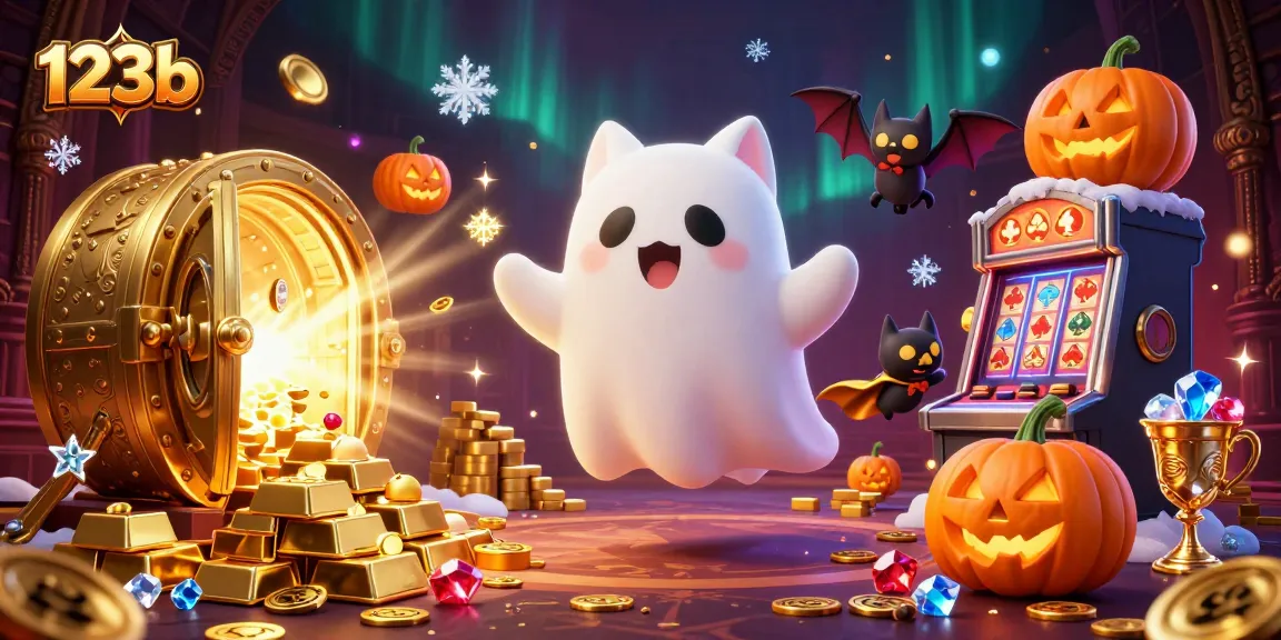 123b's friendly ghost cat explores a haunted casino, revealing treasures and spooky fun.